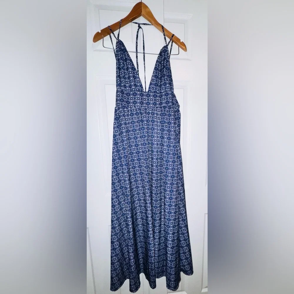 Evil Eye Navy Blue Boho Halter Maxi Dress | Deep V Neck | Tie Back | Size Small - Picture 2 of 6